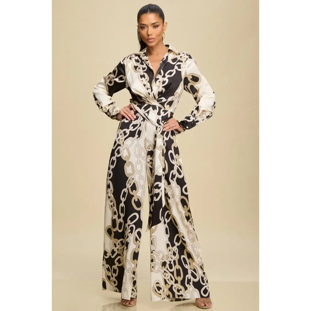 Chain Print Wide-Leg Jumpsuit with Waist Tie