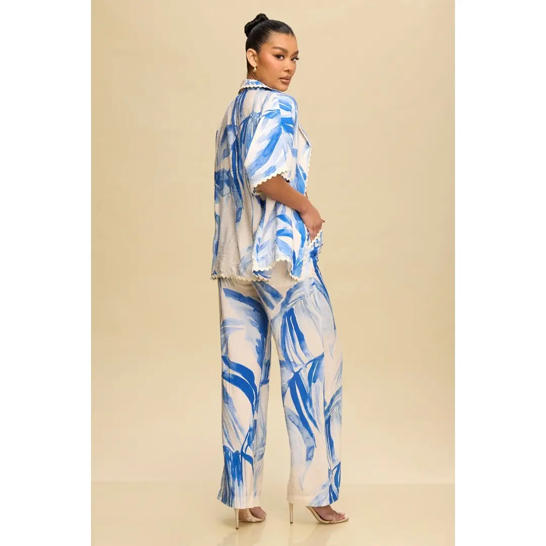 Blue Brushstroke 3-Piece Linen Set with Scalloped Trim