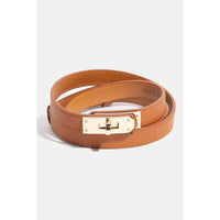 Brown Leather Wrap Belt with Gold Turn-Lock Buckle