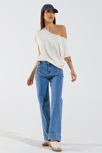 STRAIGHT MARINE STYLE JEANS WITH GOLDEN BUTTONS DETAILS BLUE