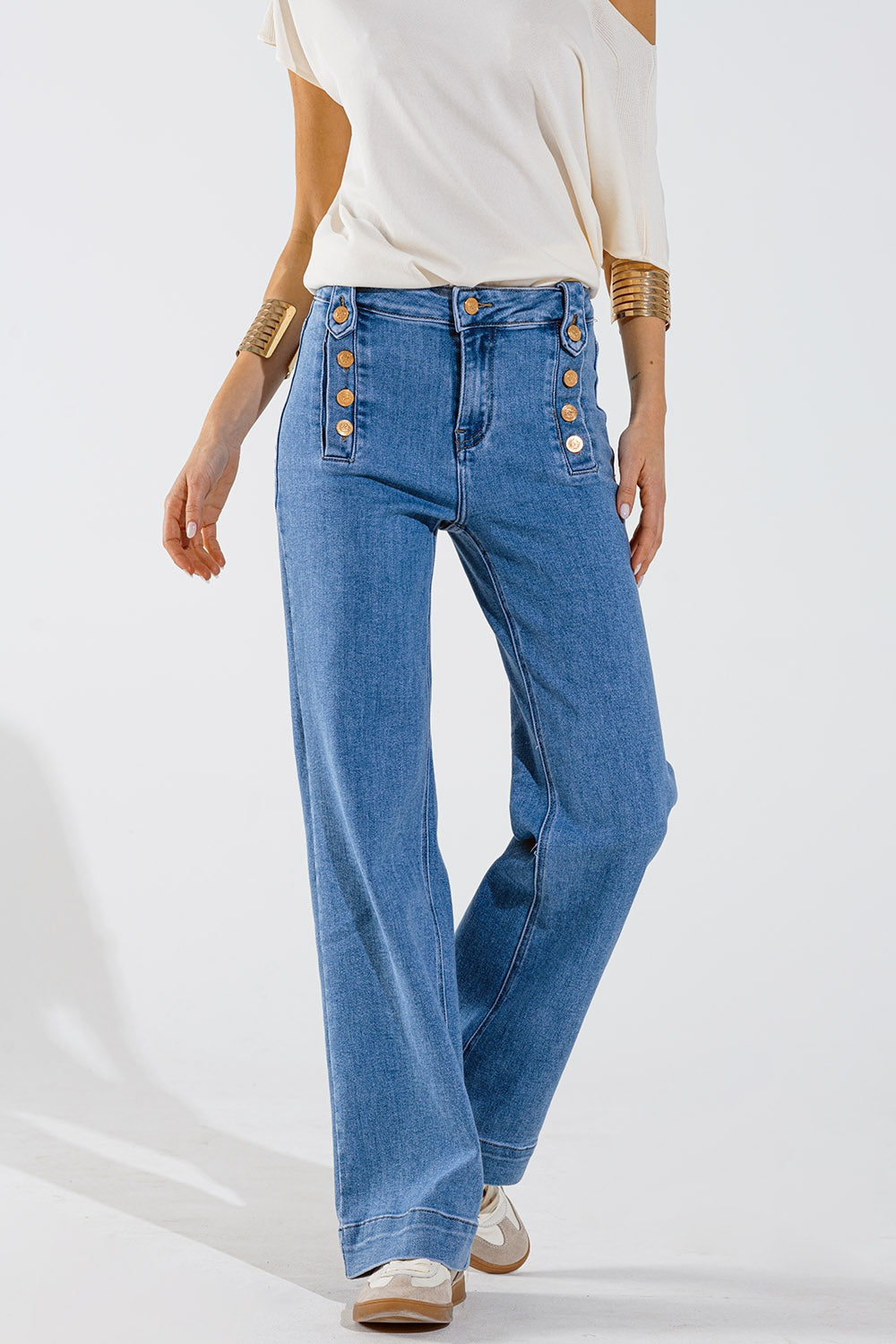 STRAIGHT MARINE STYLE JEANS WITH GOLDEN BUTTONS DETAILS BLUE