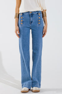 STRAIGHT MARINE STYLE JEANS WITH GOLDEN BUTTONS DETAILS BLUE