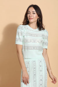 Green Rhinestone Lurex Knit Short Sleeve Top