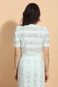 Green Rhinestone Lurex Knit Short Sleeve Top