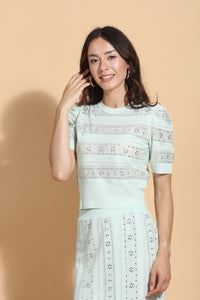 Green Rhinestone Lurex Knit Short Sleeve Top