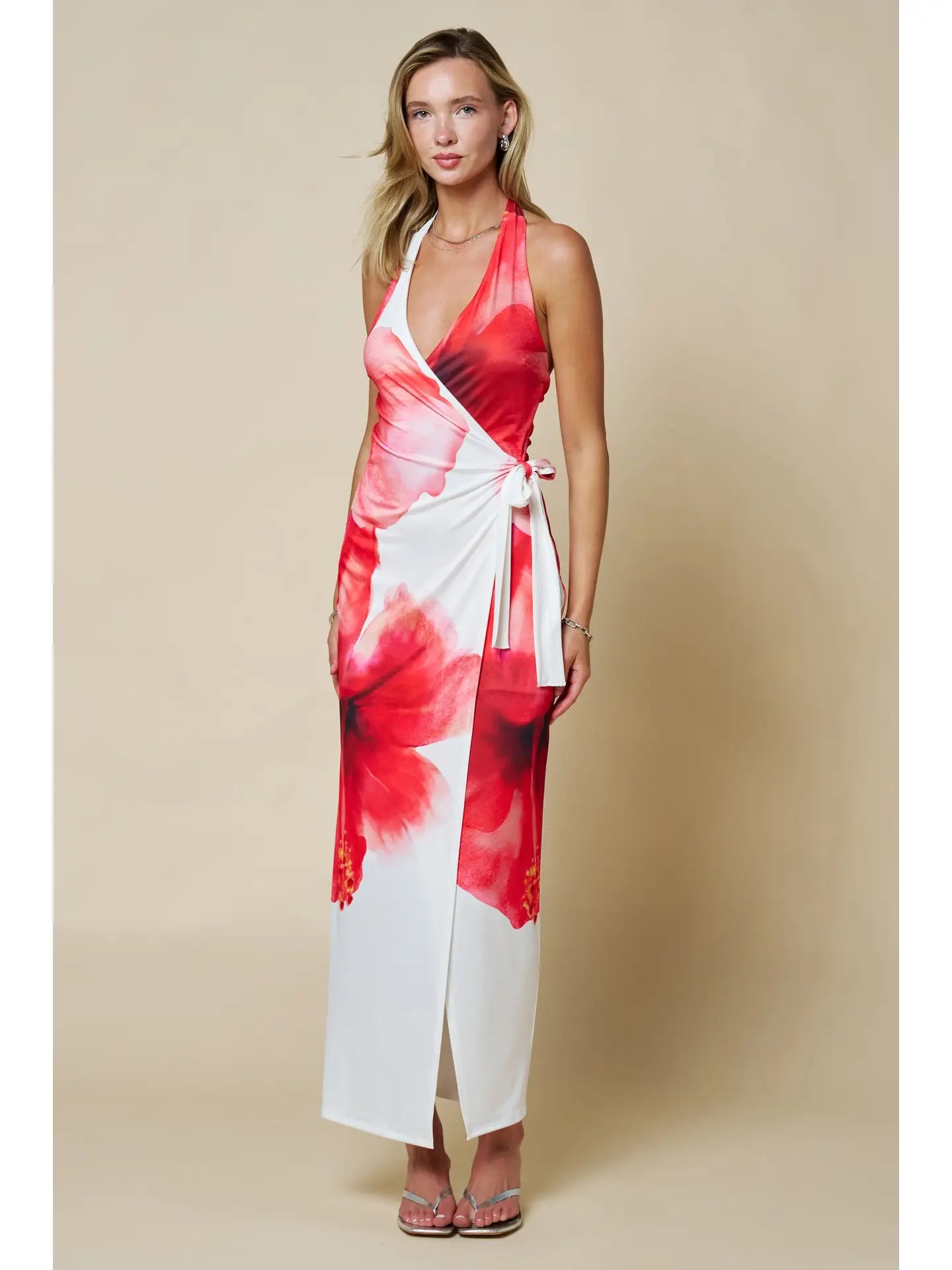 Red Floral Halter Wrap Maxi Dress with Side Tie and Front Slit