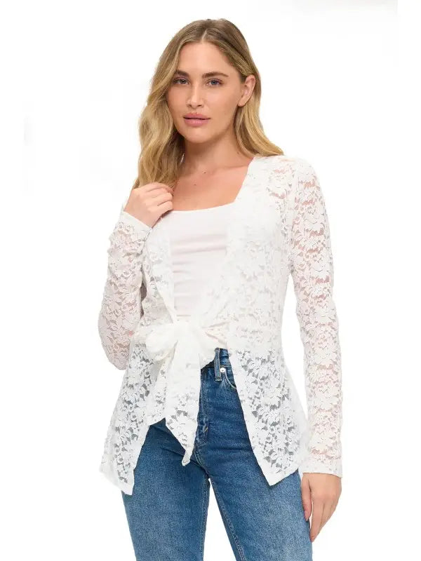 White Lace Tie Front Long Sleeve Top