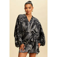 Black Long Sleeve Wrap Mini Dress with Equestrian Print