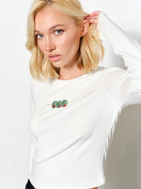 White Fitted Crop Tee Full Sleeves with Beaded Olive Skewer Embellishment