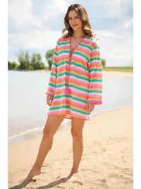 Multicolor Striped Tassel Tie Knit Beach Cover-Up Dress