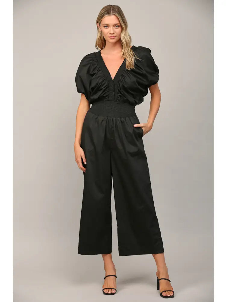 Wide Leg Puff Sleeve Jumpsuit in Classic Black
