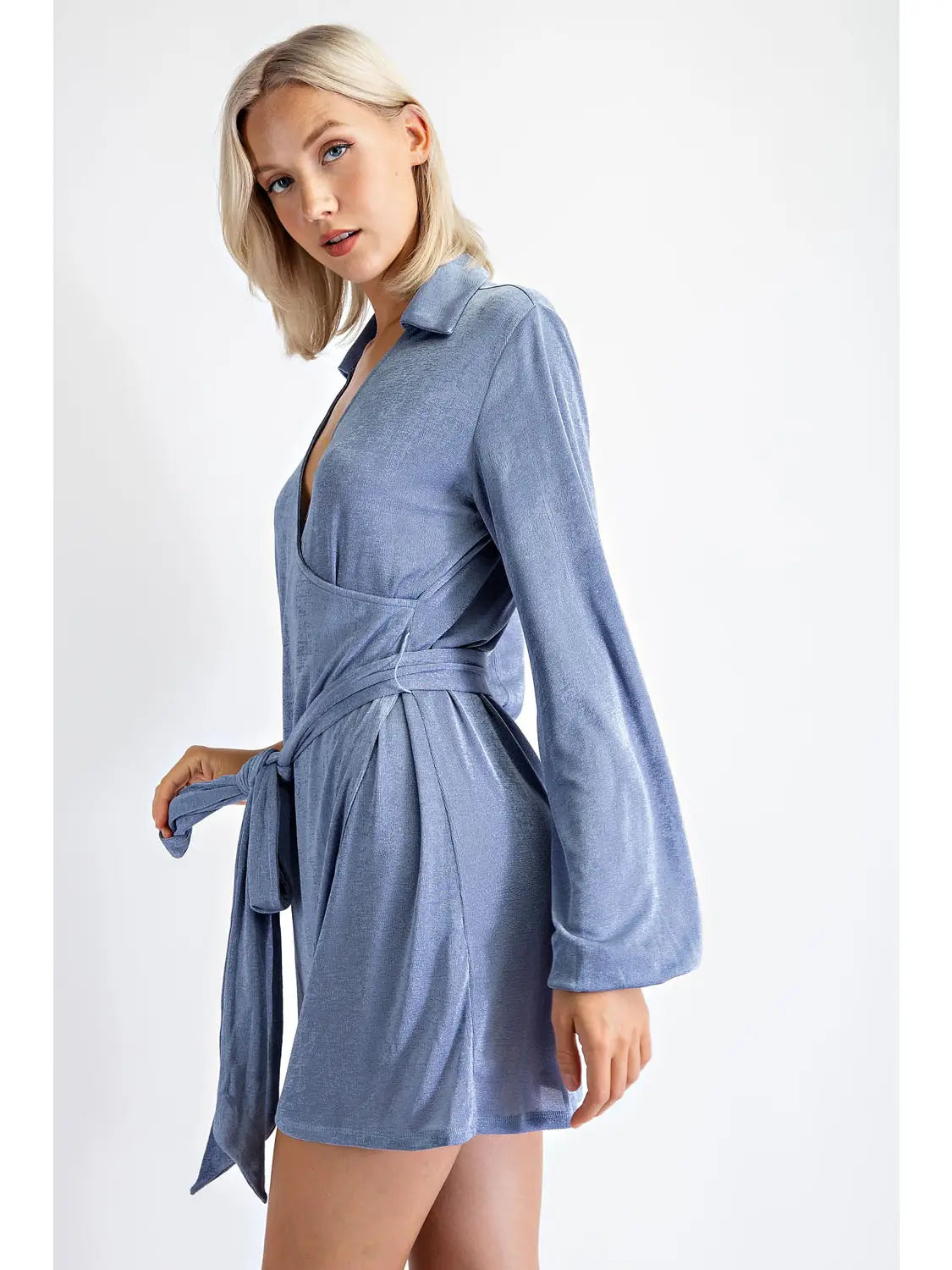 Blue Lurex Wrap Style Long Sleeve Mini Dress