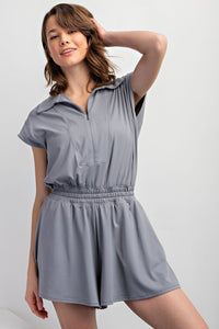 BUTTER SHORT SLEEVE QUARTER ZIP ROMPER GRAY