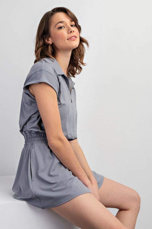BUTTER SHORT SLEEVE QUARTER ZIP ROMPER GRAY