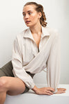 HEAVY POLY STRETCH WOVEN QUARTER ZIP TOP WITH COLLAR NUDE