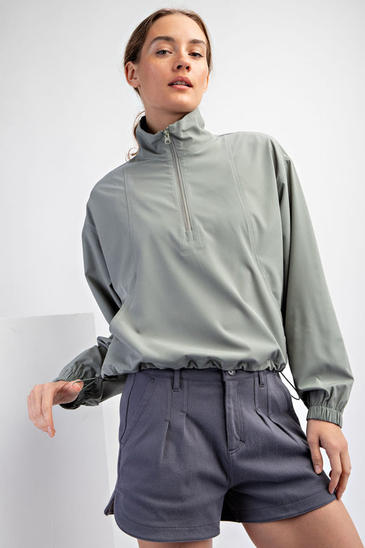 HEAVY POLY STRETCH WOVEN QUARTER ZIP TOP WITH COLLAR