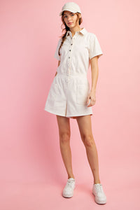 COTTON STRETCH TWILL SHORT SLEEVE ROMPER