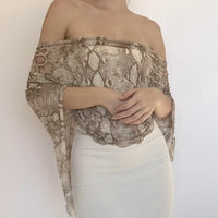 Nude Animal Print Sheer Off-Shoulder Draped Wrap Top