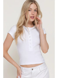 Ribbed White Henley Short Sleeve Fitted Crop Top