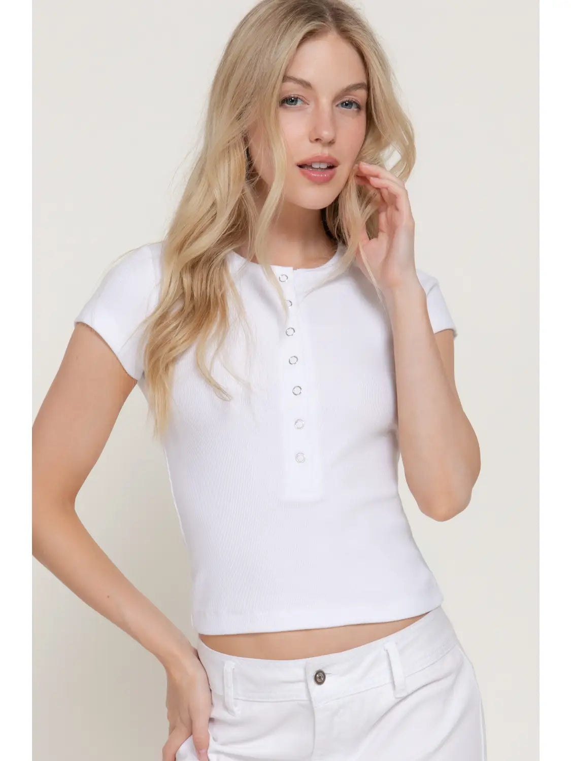 Ribbed White Henley Short Sleeve Fitted Crop Top