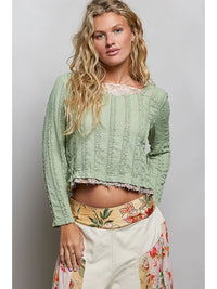 Green Textured Lace Trim Cropped Knit Top
