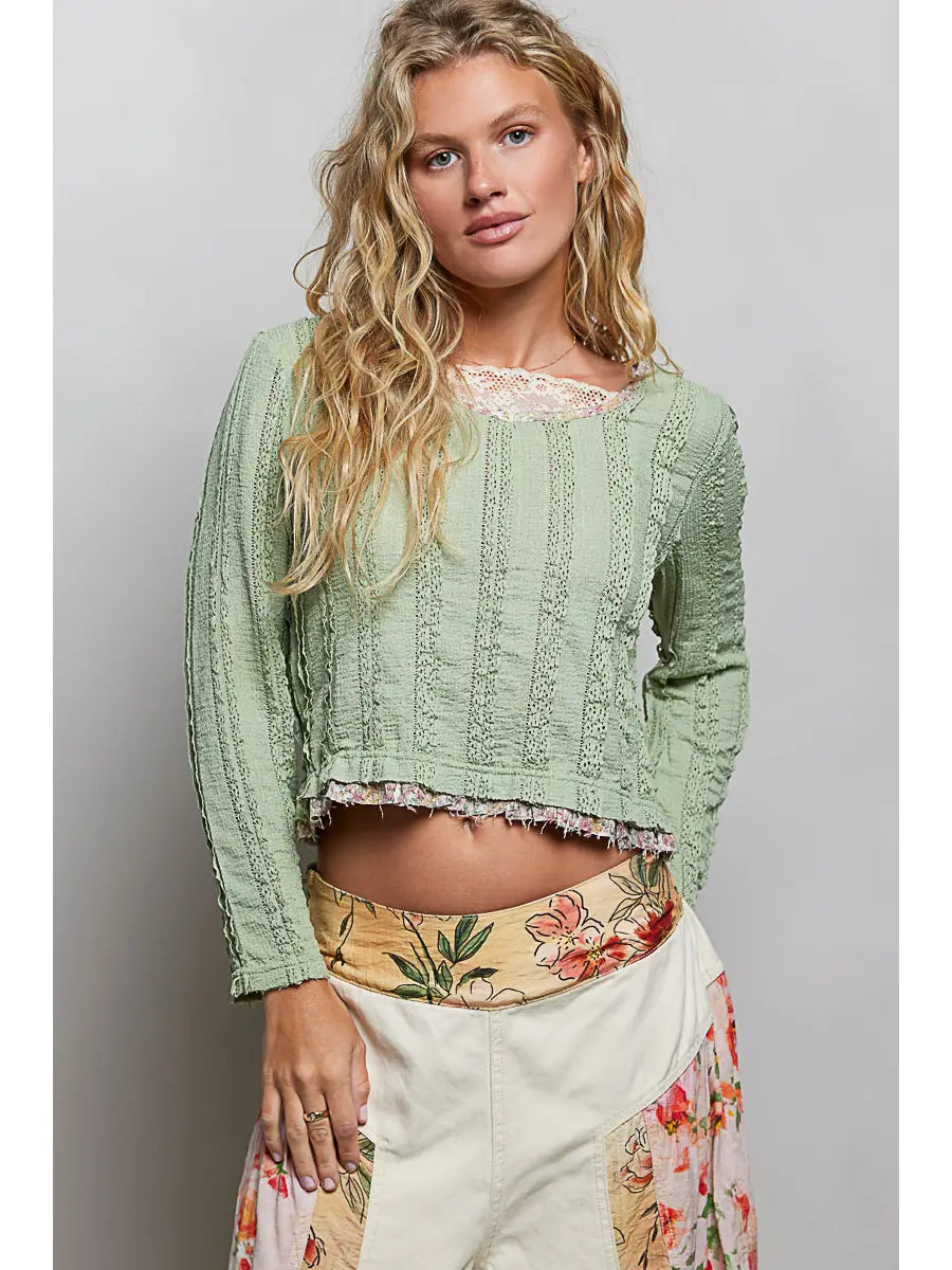 Green Textured Lace Trim Cropped Knit Top