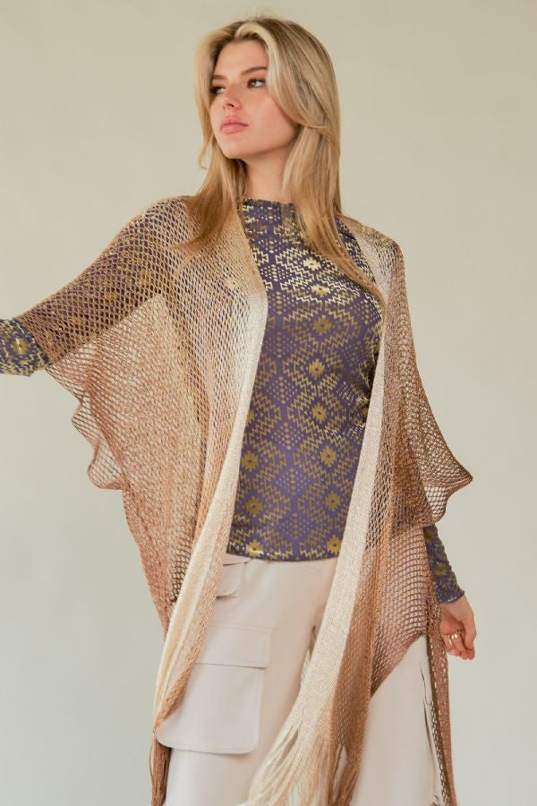 MESH TASSEL 1/2 SLEEVE LOOSE FIT KIMONO COVER UP