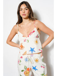 White Tropical Fruit & Sea Life Print Spaghetti Strap Top