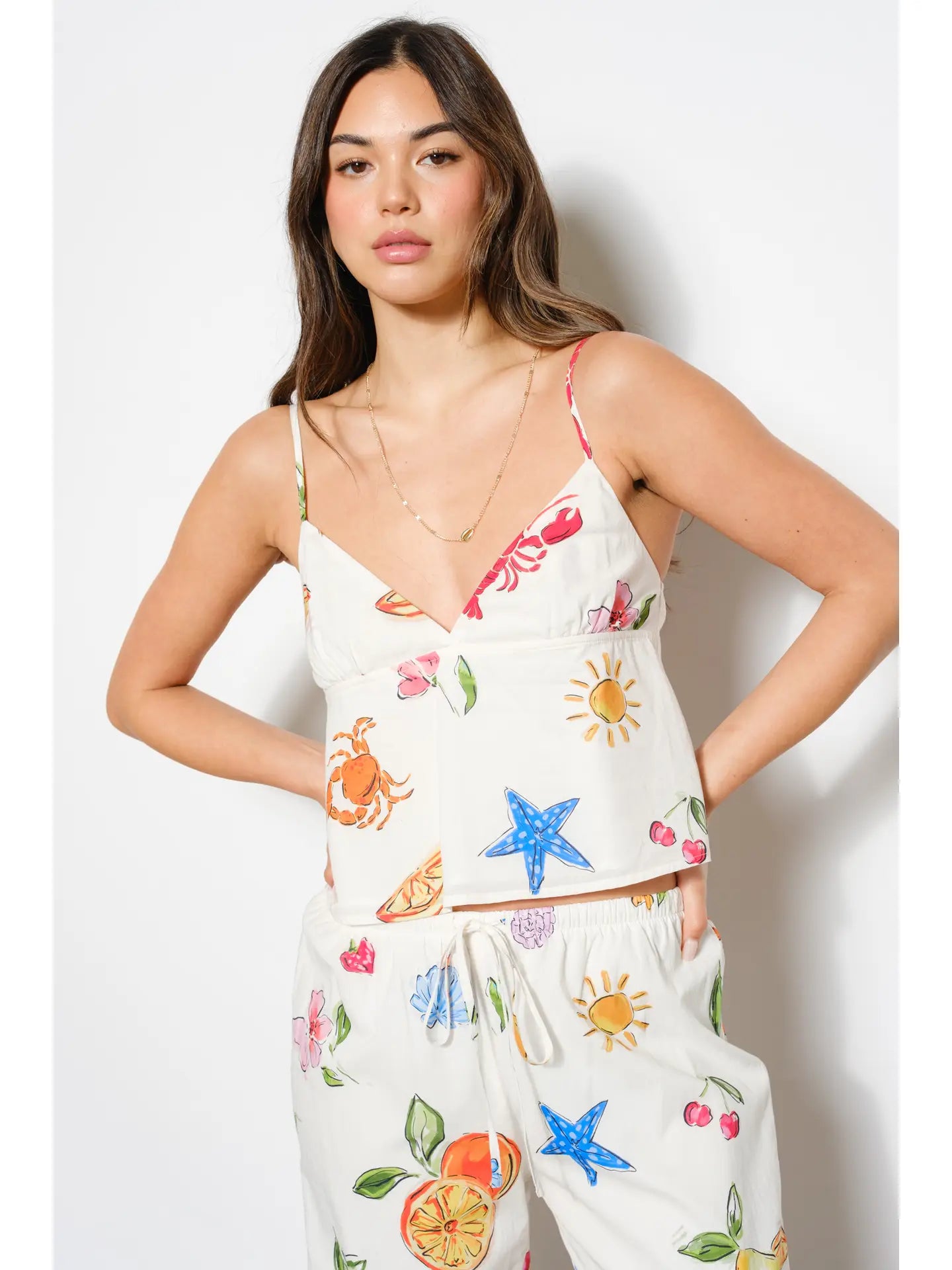White Tropical Fruit & Sea Life Print Spaghetti Strap Top
