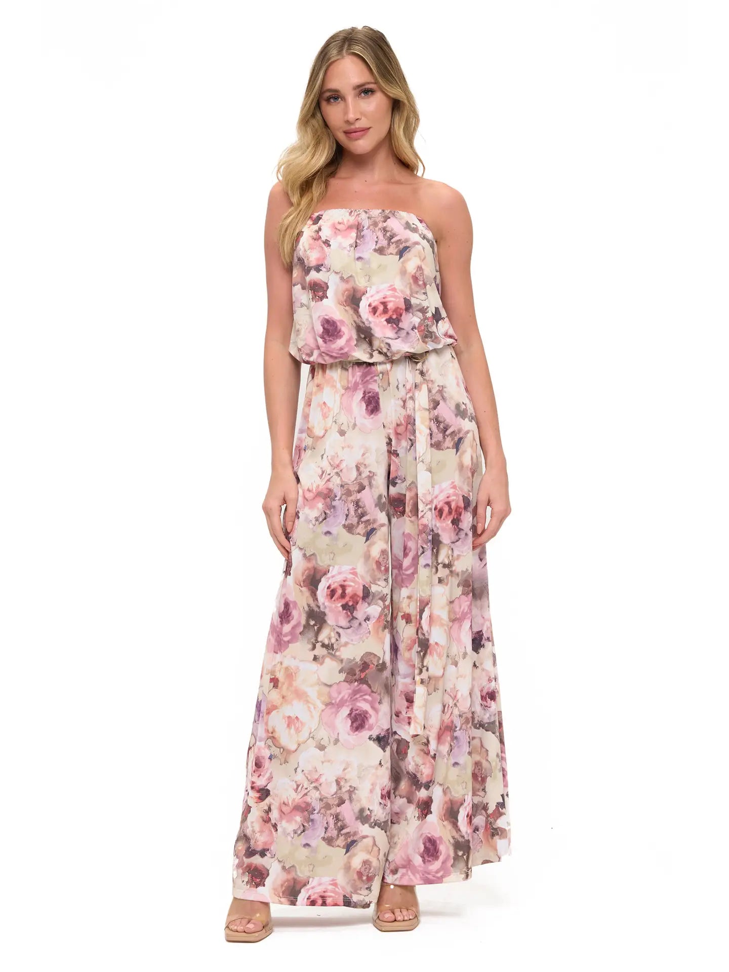 Blush Pink Watercolor Floral Strapless Jumpsuit