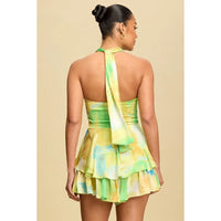 Watercolor Halter Mini Dress with Tiered Skirt and Cutout Front