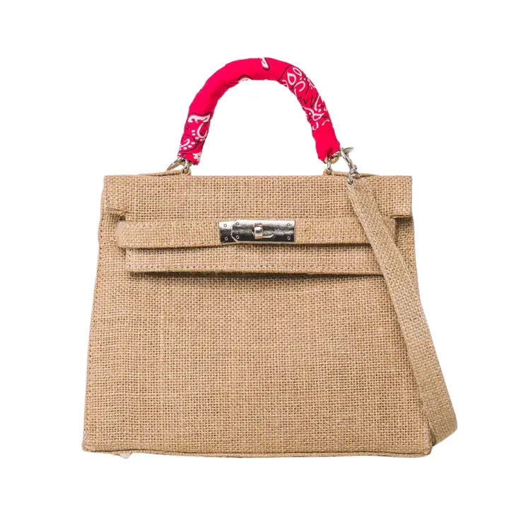 Bandana Handle Jute Satchel Bag with Crossbody Strap