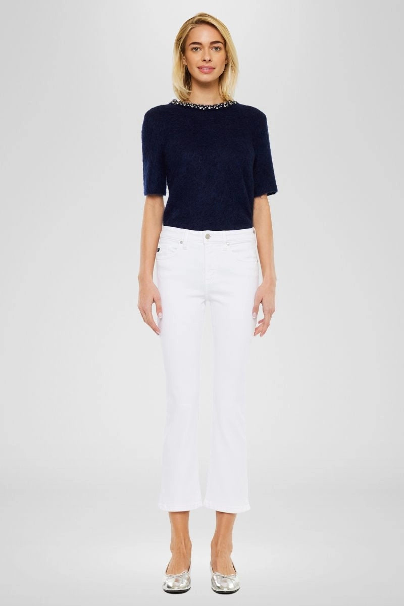 High Rise Cropped Kick Flare White Jeans with Side Slit Hem