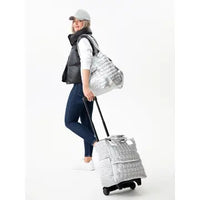 Metallic Silver Quilted Rolling Tote Travel Bag with Wheels