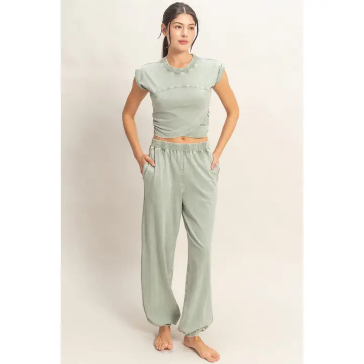 Sage Green Washed Crop Tee and Jogger Lounge Set