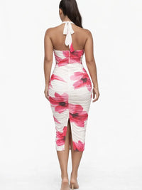 Floral Halter Neck Ruched Midi Bodycon Dress