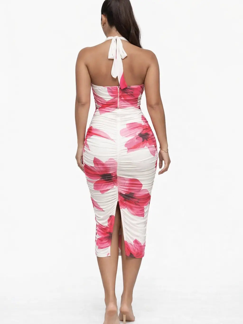 Floral Halter Neck Ruched Midi Bodycon Dress