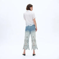 Light Wash Denim Culottes with Scalloped Laser Cut Hem