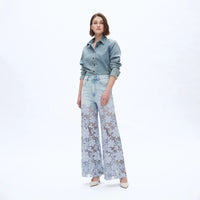 Lace Overlay High Waist Denim Pants in Light Wash