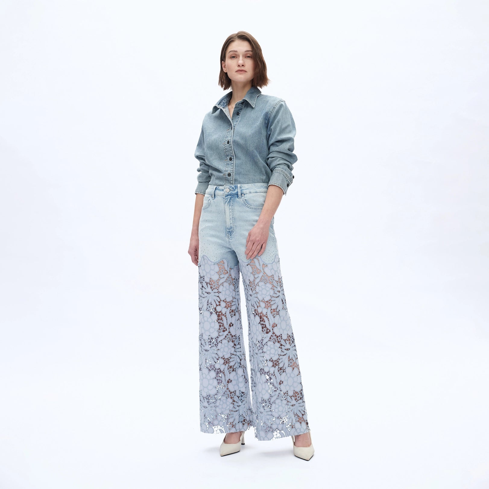 Lace Overlay High Waist Denim Pants in Light Wash
