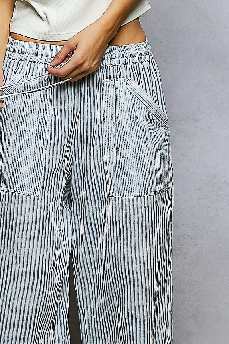 Striped Wide Leg Lounge Pants with Drawstring Waist and Patch Pocket Detail