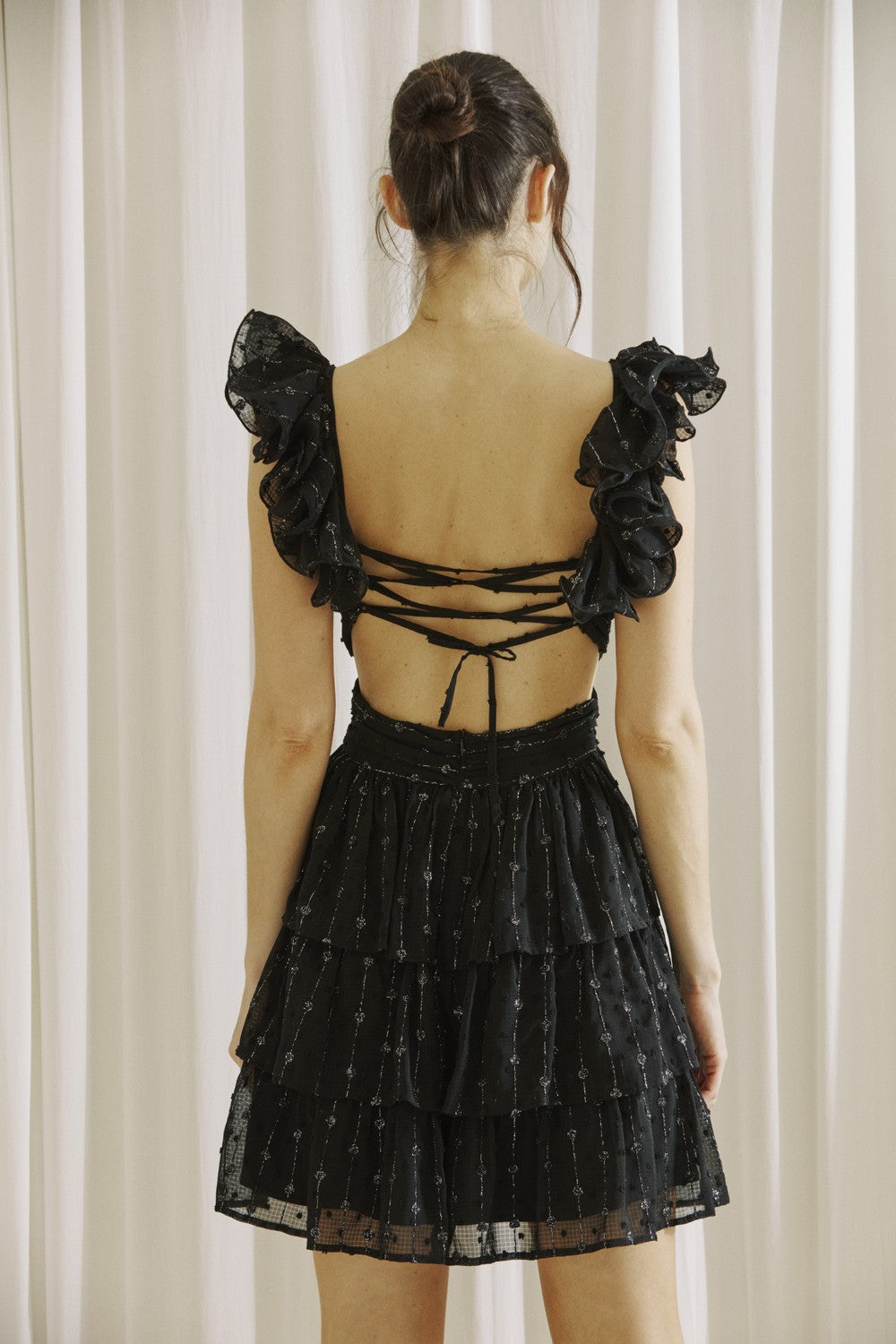 Black Metallic Silver Lurex Romantic Mini Dress Black Metallic Silver Lurex Romantic Mini Dress