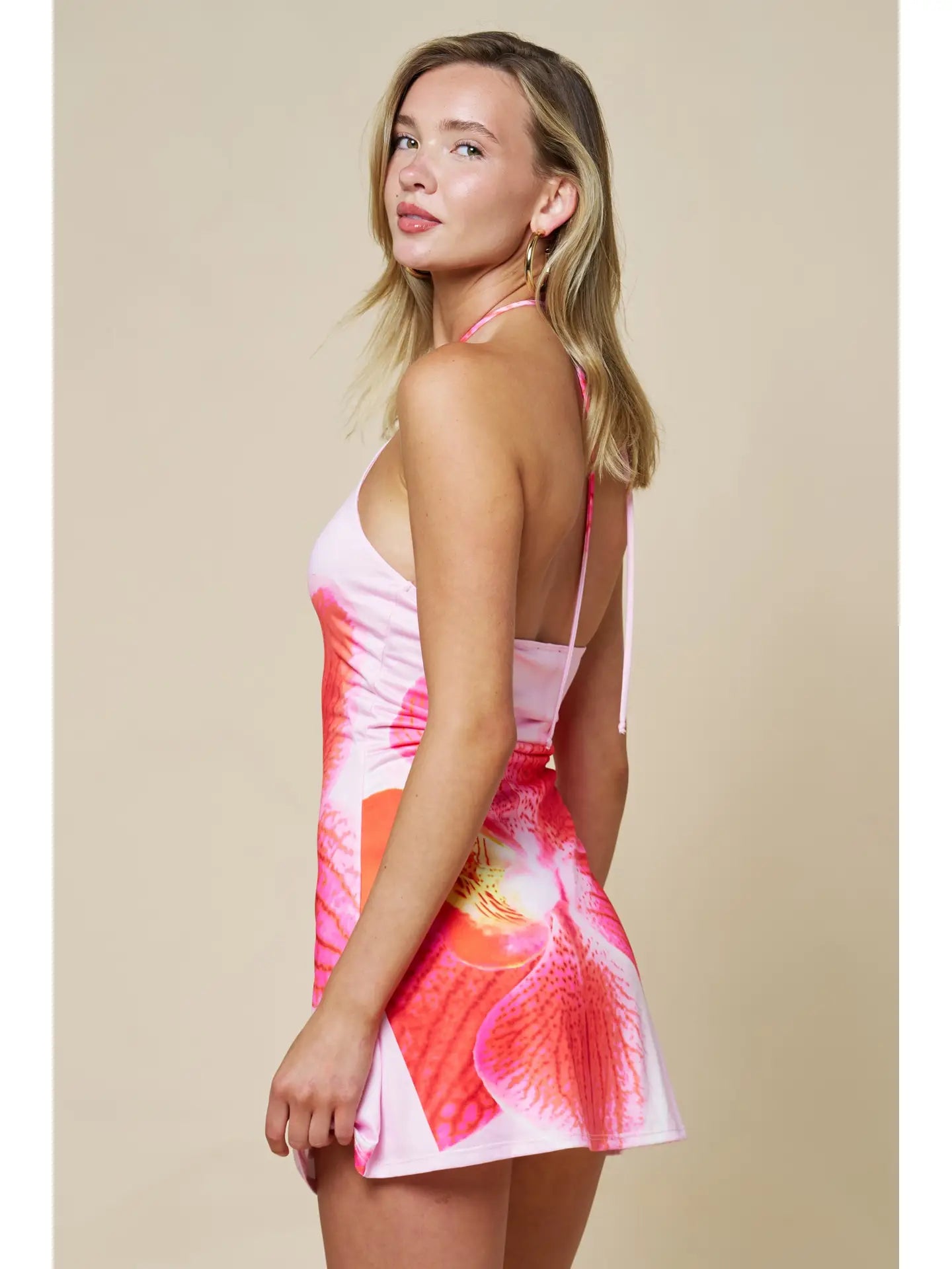 Halter Neck Mini Dress with Bold Floral Print and Open Back
