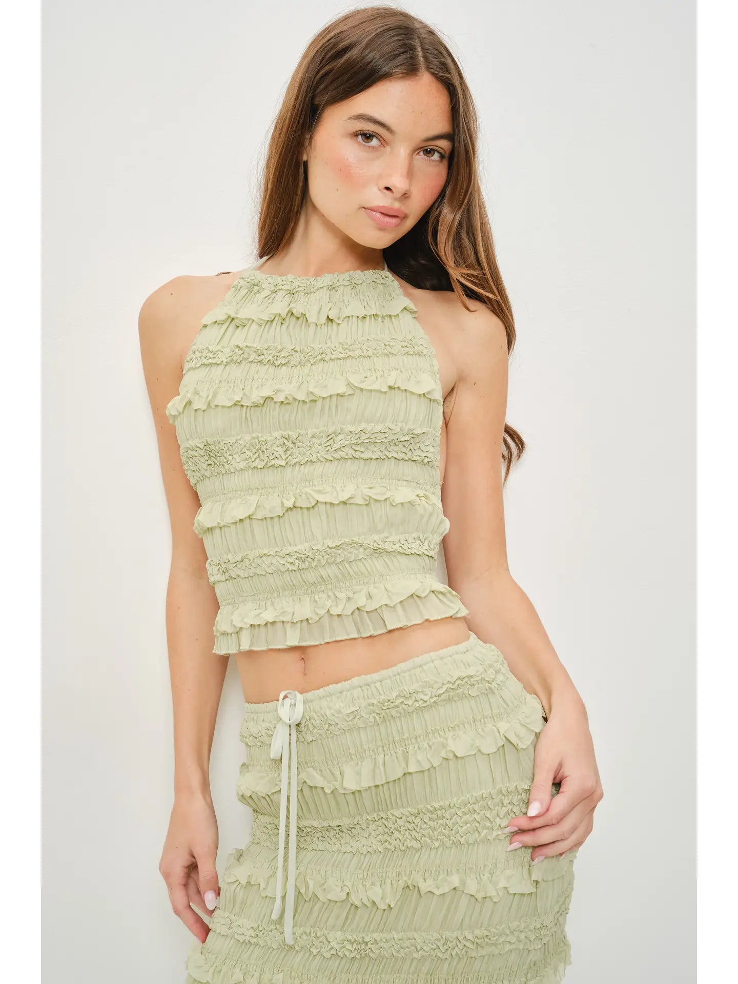 Green Halter Ruffle Crop Top