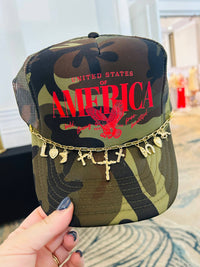 "America (red font) Full Camo Trucker Hat" WITH CHARM CHAIN