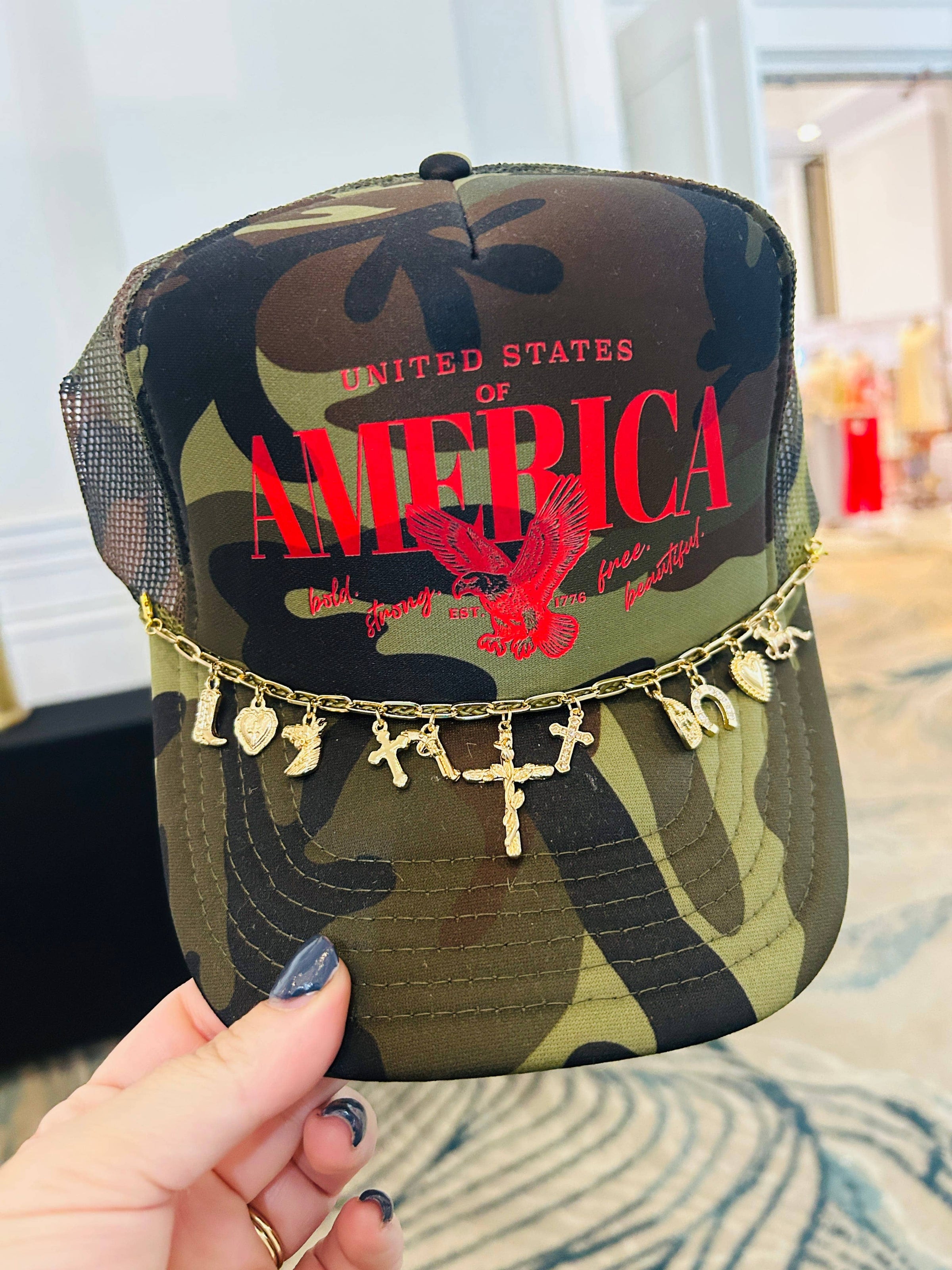 "America (red font) Full Camo Trucker Hat" WITH CHARM CHAIN