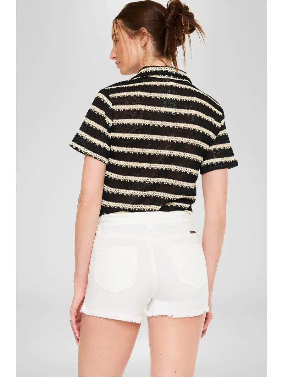High Rise White Denim Shorts with Raw Hem