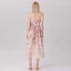 Floral Organza Midi Dress with Spaghetti Straps and Waist Tie