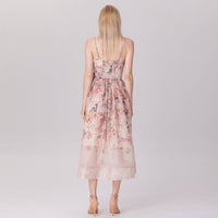 Floral Organza Midi Dress with Spaghetti Straps and Waist Tie