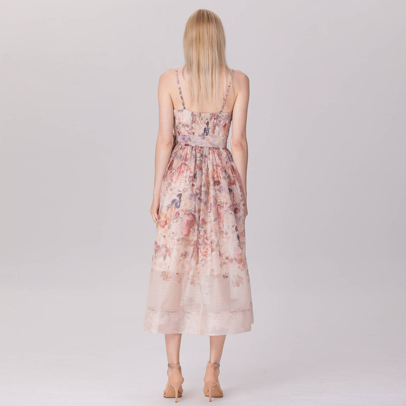 Floral Organza Midi Dress with Spaghetti Straps and Waist Tie